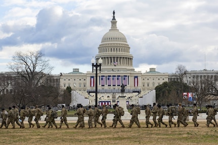 National Guard Soldiers provide security outside the U.S. Capitol during the 59th Presidential Inauguration Jan. 20, 2021, as part of the National Guard’s Capitol Response security mission.