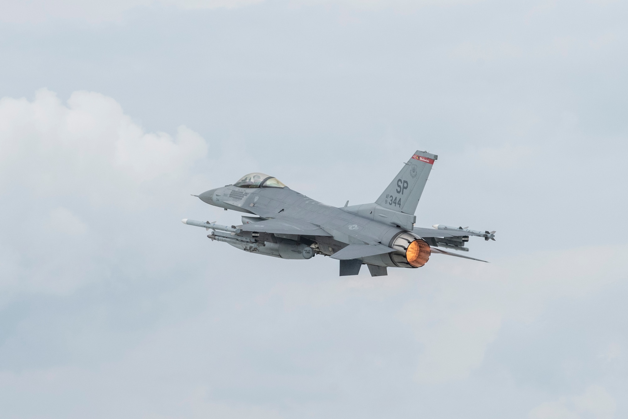 A U.S. Air Force F-16 Fighting Falcon assigned to the 480th Expeditionary Fighter Squadron takes off at Łask Air Base, Poland, August 2, 2021. The 480th EFS is training with the Polish air force in support of Operation Atlantic Resolve. (U.S. Air Force photo by Tech. Sgt. Anthony Plyler)
