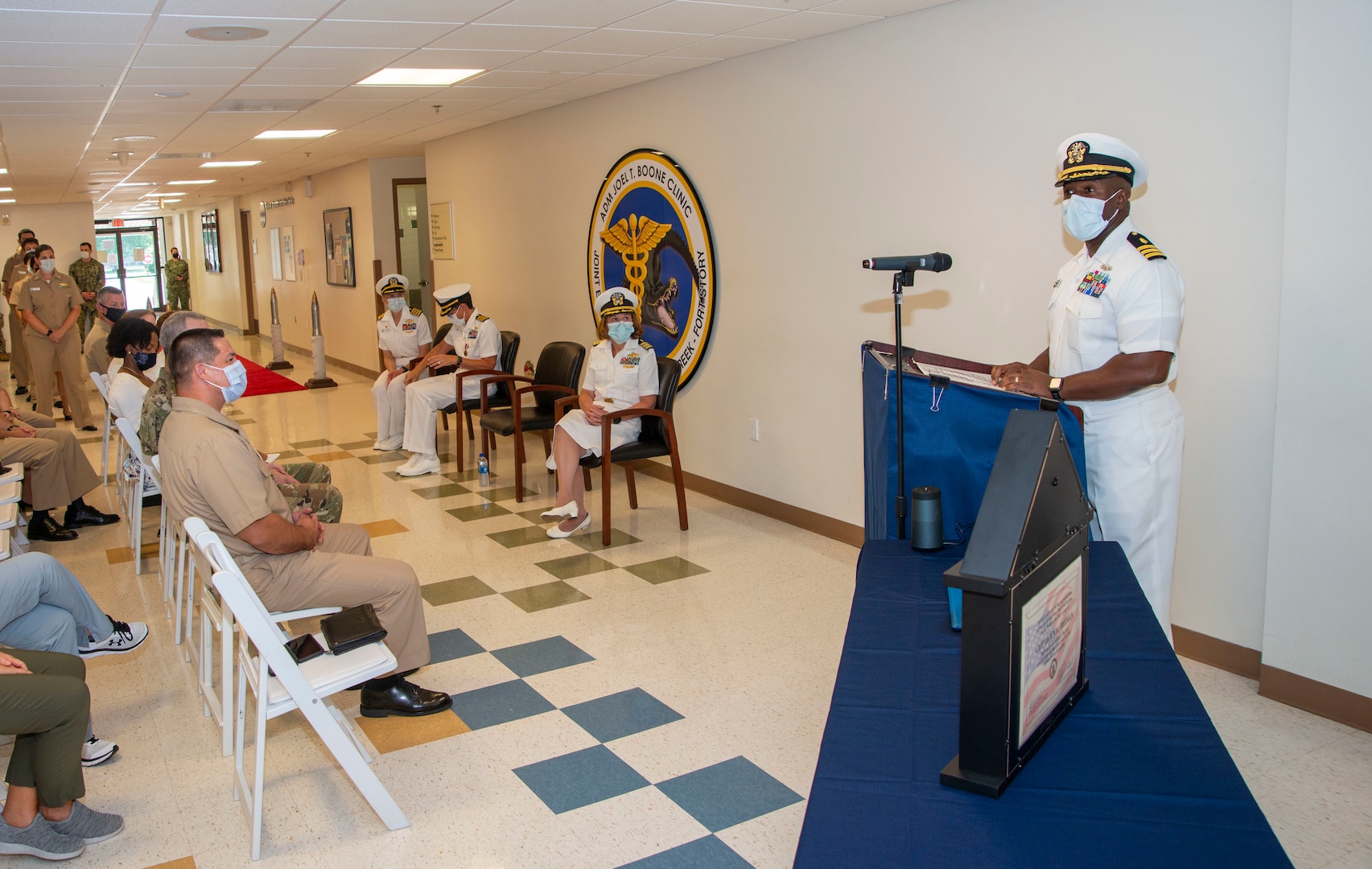 VIRGINIA BEACH, Va. (July 30, 2021) – Naval Medical Center Portsmouth (NMCP) ory, held a Change of Charge ceremony inside the clinic, Branch Health Clinic Adm. Joel T. Boone, located at Joint Expeditionary Base Little Creek-Fort StJuly 30.