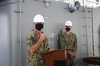 Rear Adm. Brendan McLane, commander, Naval Surface Force Atlantic, speaks to the crew of the guided-missile destroyer USS James E. Williams (DDG 95) after presenting the crew with the Navy Unit Commendation. James E. Williams received the award for its 2020 deployment to the U.S. 5th and 6th Fleet areas of operation. (U.S. Navy photo by Logistics Specialist Seaman Savannah Sellner)