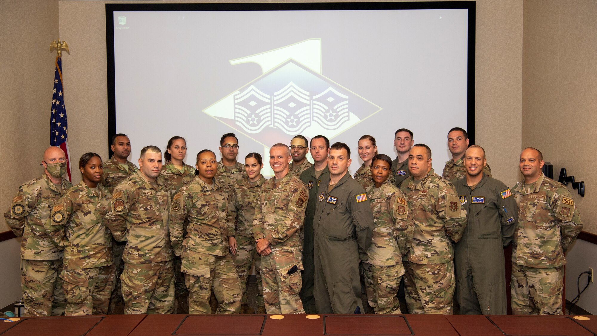 Senior noncommissioned officers from the 514th Air Mobility Wing, Joint Base McGuire-Dix-Lakehurst, N.J., pose for a photo at the 514th AMW First Sergeant Symposium, July 18, 2021. The goal of the symposium was to groom senior NCOs as potential future first sergeants.
