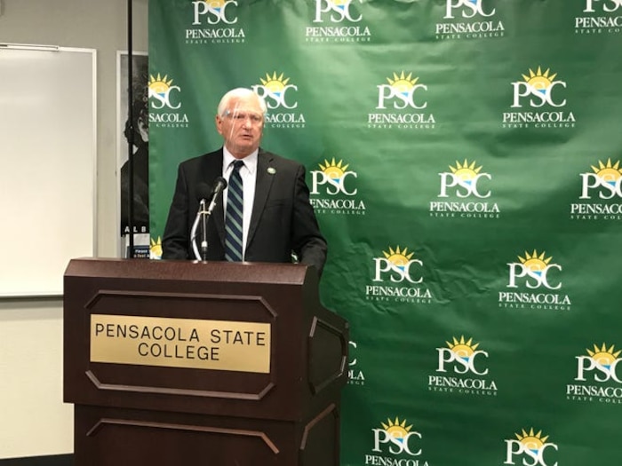 Pensacola State College President Ed Meadows speaks Tuesday during an event on campus announcing an effort to start a charter high school on its Warrington campus. The school will serve military and at-risk students