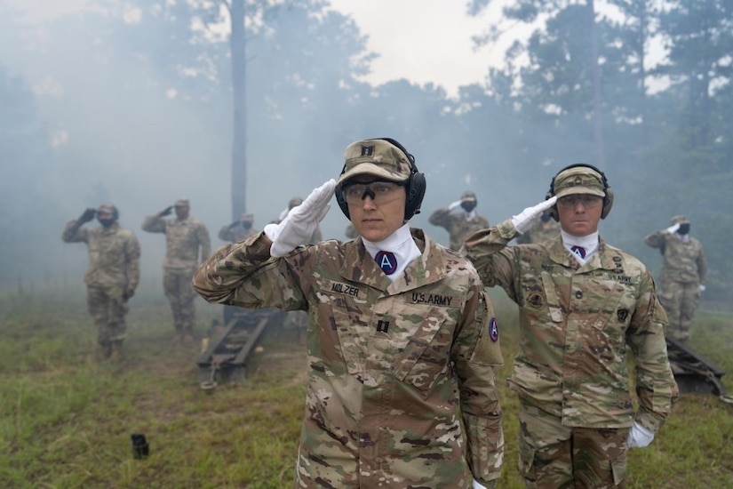 The U.S. Army Central Salute Battery renders traditional honors during the Army Service Component Command's Change of Command ceremony at Patton Hall's Lucky Park on Shaw Air Force Base, S.C., Aug. 4, 20201. During the ceremony, incoming Commanding General, Lt. Gen. Ronald P. Clark, assumed command from outgoing Commanding General, Lt. Gen. Terry Ferrell. (U.S. Army photo by Sgt. Leo Jenkins)