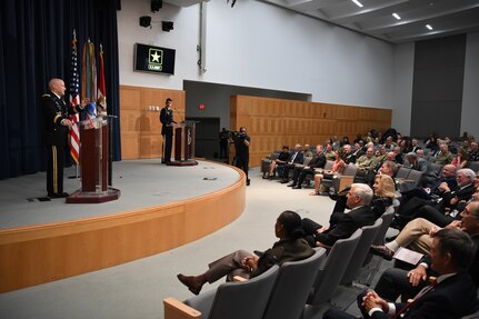 U.S. Army Lt. Gen. Thomas A. Horlander gives a speach during his retirement ceremony at Lincoln Hall, Ft. McNair in Washington, D.C., June 23, 2021. The ceremony was hosted by the Chief of Staff of the U.S. Army Gen. James C. McConville.  (U.S. Army photo by Joseph B. Lawson)