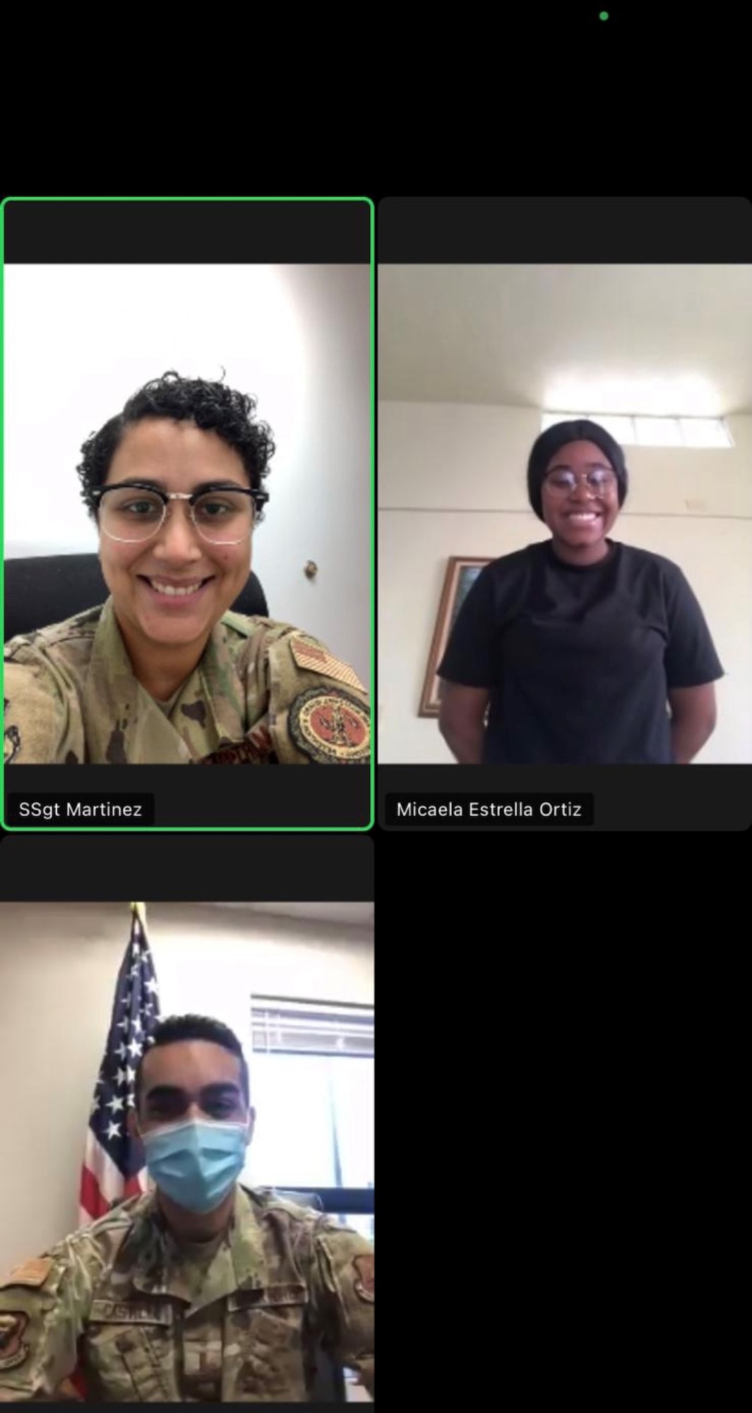 Then-2nd Lt. Nephtali Castillo, 509th Operational Medical Readiness Squadron Bioenvironmental Engineering flight commander, lower left window, gives a virtual oath of enlistment to an Air National Guard enlistee on Puerto Rico via a web chat portal. Castillo spearheaded the implementation of a virtual oath of enlistment process for Air National Guard recruits on Puerto Rico. (Courtesy photo by 1st Lt. Nephtali Castillo)