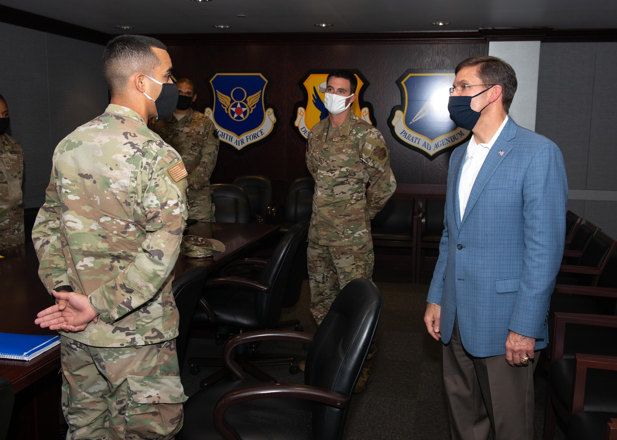 Then-Second Lt. Nephtali Castillo, 509th Operational Medical Readiness Squadron bioenvironmental engineer, meets then-Secretary of Defense Dr. Mark T. Esper, during a base visit by the senior defense official to Whiteman Air Force Base, Missouri, July 22, 2020. Castillo briefed Esper on his idea of bringing commissioned officer recruiting to his home island of Puerto Rico. (U.S. Air Force photo by 509th Bomb Wing Public Affairs)