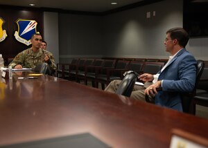 Then-Second Lt. Nephtali Castillo, 509th Operational Medical Readiness Squadron bioenvironmental engineer, meets then-Secretary of Defense Dr. Mark T. Esper, during a base visit by the senior defense official to Whiteman Air Force Base, Missouri, July 22, 2020. Castillo briefed Esper on his idea of bringing commissioned officer recruiting to his home island of Puerto Rico. (U.S. Air Force photo by 509th Bomb Wing Public Affairs)