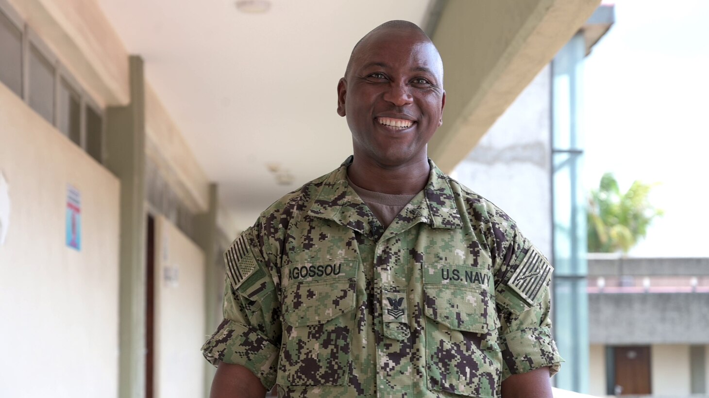 (Aug. 2, 2021) Hospital Corpsman 1st Class Marcelin Aggossou poses for a portrait during exercise Cutlass Express 2021 in East Africa, Aug. 2, 2021. Cutlass Express is designed to improve regional cooperation, maritime domain awareness and information sharing practices to increase capabilities between the U.S., East African and Western Indian Ocean nations to counter illicit maritime activity.