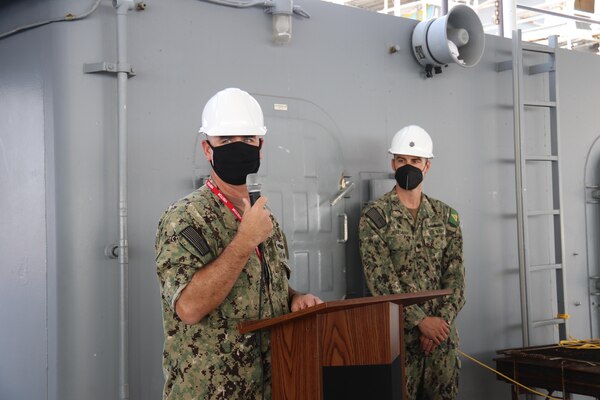 Rear Adm. Brendan McLane, commander, Naval Surface Force Atlantic, speaks to the crew of the guided-missile destroyer USS James E. Williams (DDG 95) after presenting the crew with the Navy Unit Commendation. James E. Williams received the award for its 2020 deployment to the U.S. 5th and 6th Fleet areas of operation. (U.S. Navy photo by Logistics Specialist Seaman Savannah Sellner)