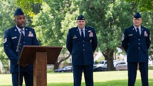 Tech. Sgt. Lavandant Foster, 2nd Operations Support Squadron intel training wing flight chief, makes remarks during the Purser Park Monument unveiling ceremony at Barksdale Air Force Base, Louisiana, July 30, 2021. Lt. Brittain Purser was a pilot who passed away during a take-off collision at Barksdale and the monument honors his bravery and dedication to the Air Force mission. (U.S. Air Force photo by Airman 1st Class Jonathan E. Ramos)
