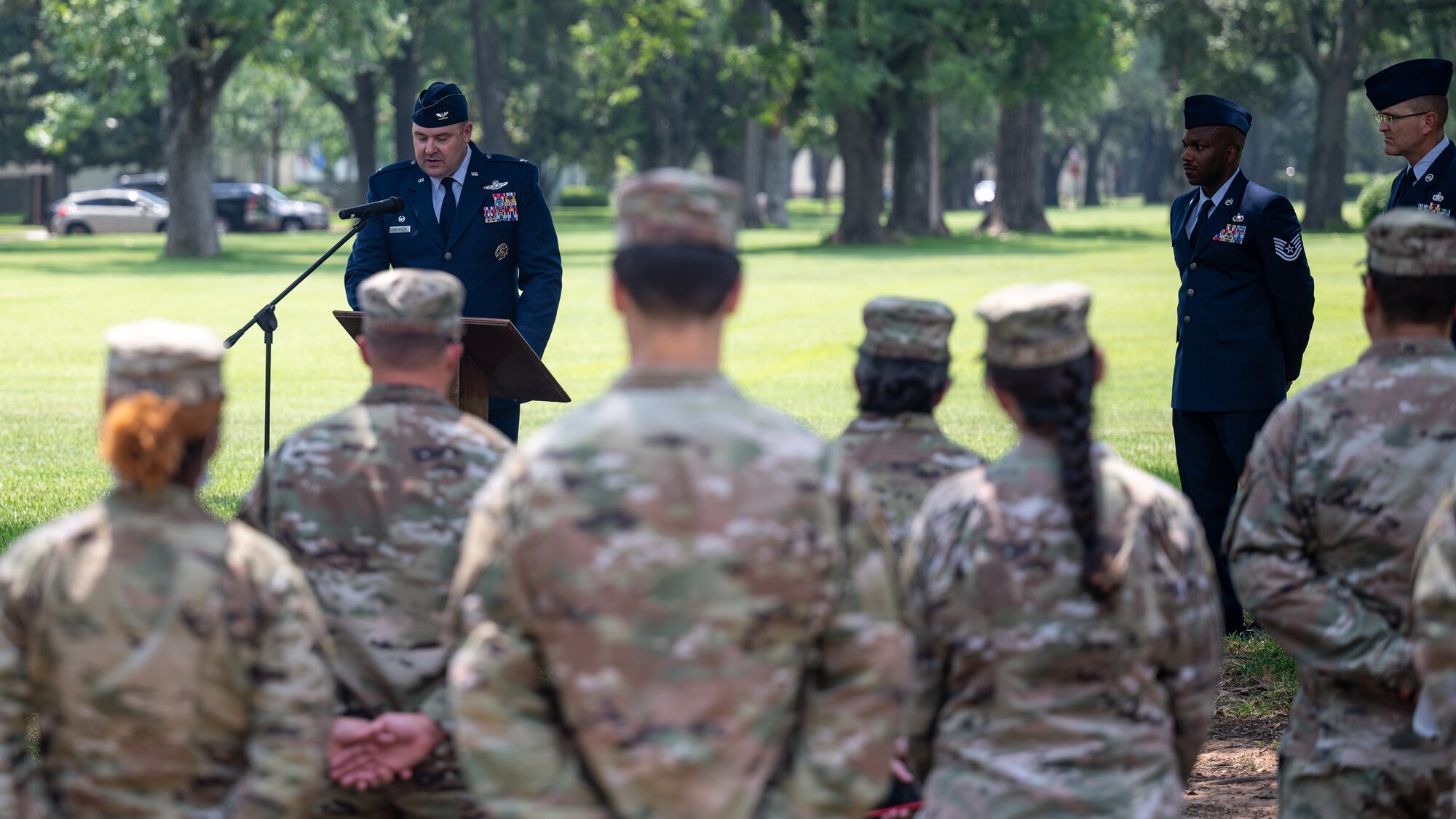 Col. Mark Dmytryszyn, 2nd Bomb Wing commander, gives his remarks during the Purser Park Monument unveiling ceremony at Barksdale Air Force Base, Louisiana, July 30, 2021. Lt. Brittain Purser was a pilot who passed away during a take-off collision at Barksdale and the monument honors Purser's bravery and dedication to the Air Force mission. (U.S. Air Force photo by Airman 1st Class Jonathan E. Ramos)