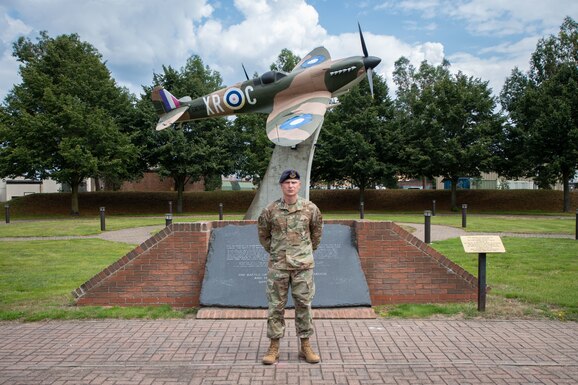 U.S. Air Force Master Sgt. Kevin Green, 48th Security Forces Squadron section chief of operations, poses for a photo at memorial park at Royal Air Force, Lakenheath, England, August 3, 2021. Green had previously helped a rider in a motorcycle crash near RAF Lakenheath and prolonged their life long enough for emergency services to arrive. (U.S. Air Force photo by Airman 1st Class Cedrique Oldaker)
