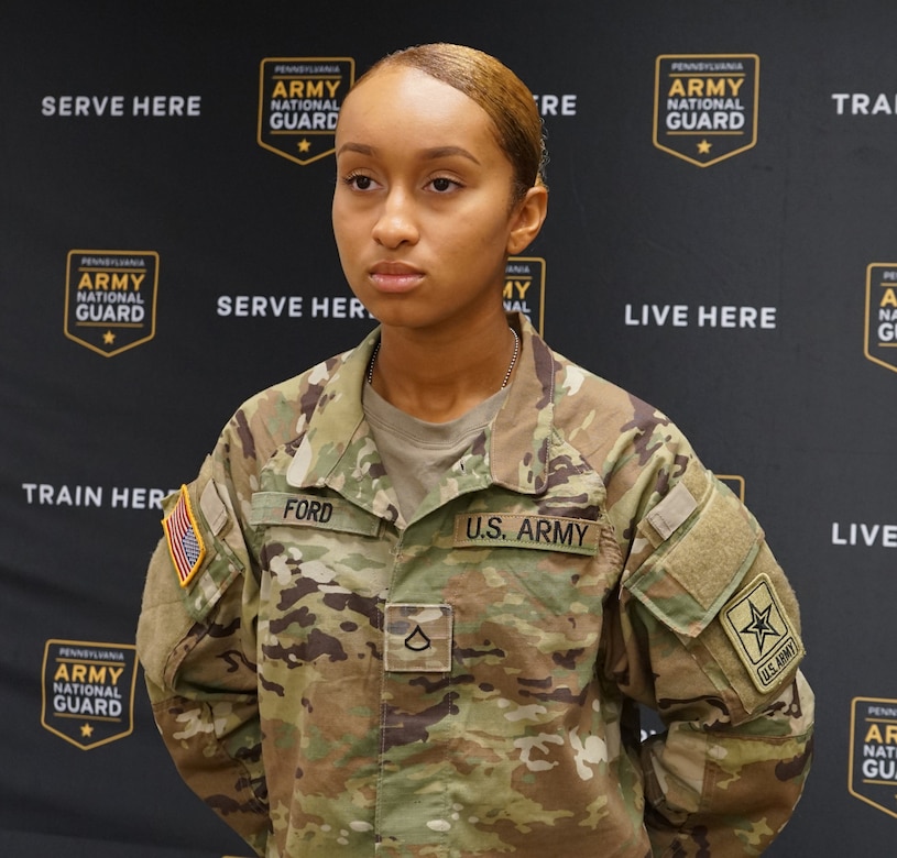 Pfc. Tianna Ford, Charlie Company, 1st Battalion, 111th Infantry Regiment, 56th Stryker Brigade, poses for a photo on June 30, 2021, at Fort Indiantown Gap, Pa., after graduating from Initial Entry Training. Ford is the first female Pennsylvania National Guard Soldier to enlist and graduate from IET as an Infantry Soldier.