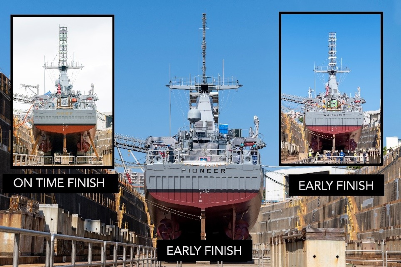 USS Chief (MCM 14), USS Warrior (MCM 10) and USS Pioneer (MCM 9) in Sasebo's dry dock  prior to undocking during their respective availabilities.