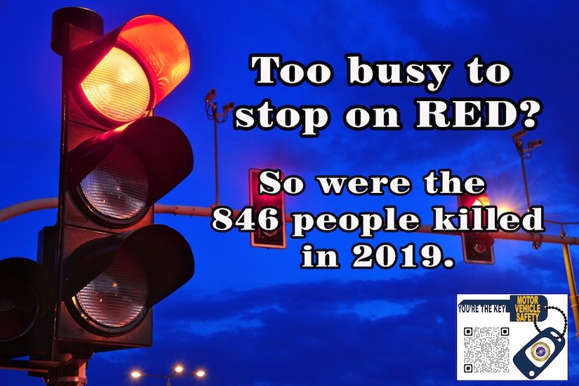 A graphic showing a traffic light on red and some words.