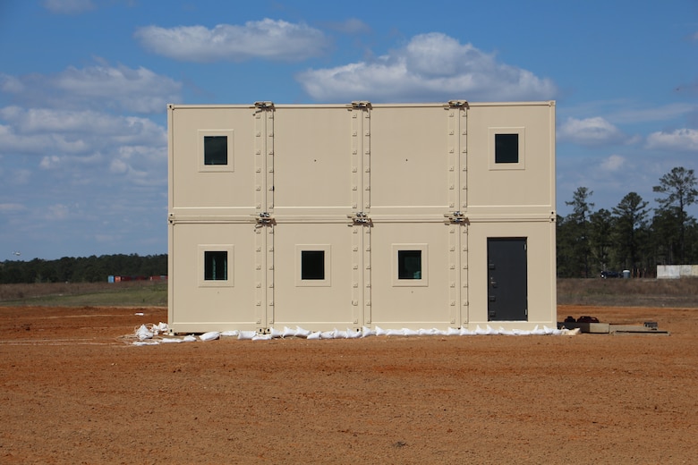 The Hardened Alternative Trailer System (HATS) two-story protective structure used by Department of State, with additions of the recently patented weather-resistance and connective flashing components. The U.S. Army Engineer Research and Development Center’s Geotechnical and Structures Laboratory Research Civil Engineer Justin Roberts of Vicksburg, Mississippi, improved his previously patented Modular Anti-Ballistic, Blast and Forced Entry Resistant Shelter invention, part of HATS, with these capabilities. (U.S. Army Corps of Engineers photos by Justin Roberts)