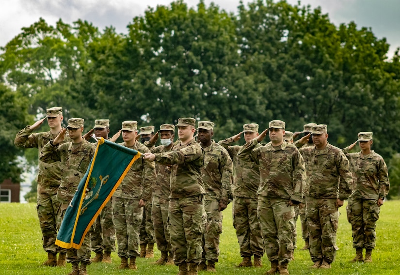 Headquarters and Headquarters Company, 151 Theater Information Operations Group, 301st Information Operations Field Support Battalion and 303rd Information Operations Field Support Battalion Soldiers participate in the change of command ceremony between outgoing commander, U.S. Army Reserve Col. Marlene K. Markotan, and incoming commander, U.S. Army Reserve Col. Franklin J. Estes, at historic Ft. Totten, New York, 18 July 2021.