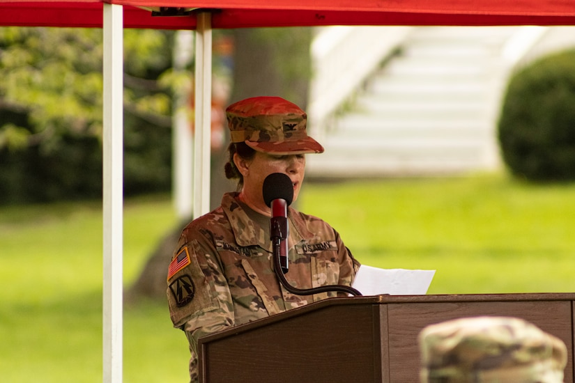 U.S. Army Reserve Col. Marlene K. Markotan, outgoing commander for 151 Theater Information Operations Group (TIOG), gives her final remarks to family, friends, Soldiers and guests attending the 151 TIOG change of command at historic Fort Totten, New York, 18 July 2021 (U.S. Army Reserve photo by Spc. Sean P. O'Hara, 151 Theater Information Operations Group).