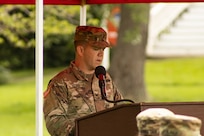 U.S. Army Reserve Col. Franklin J. Estes, incoming commander for 151 Theater Information Operations Group (TIOG), gives his initial remarks to family, friends, Soldiers and guests attending the 151 TIOG change of command at historic Fort Totten, New York, 18 July 2021 (U.S. Army Reserve photo by Spc. Sean P. O'Hara, 151 Theater Information Operations Group).
