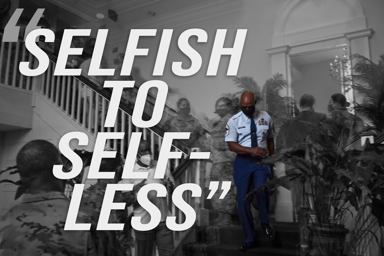 Retired Chief Master Sgt. Kendall Briscoe, 11th Executive for Enlisted Matters to the Assistant Secretary of the Air Force for Financial Management and Comptroller, descends the stairs prior to his retirement ceremony at Joint Base Anacostia-Bolling, Washington, D.C., July 30, 2021. Briscoe described his 32-year career in the Air Force as a journey from being a young, selfish Airman, to a selfless senior leader. (U.S. Air Force graphic by Staff Sgt. Elora J. McCutcheon)