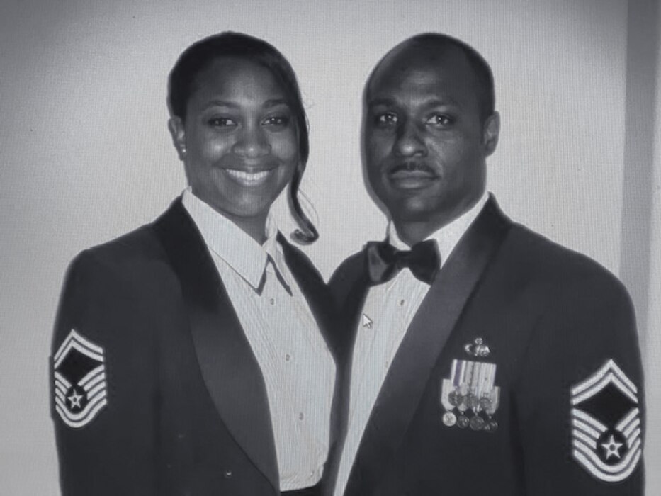 Then-Senior Master Sgt. Kendall Briscoe stands alongside his wife, retired Senior Master Sgt. Jodie Briscoe, for a photo. Kendall described his wife as his “North Star,” and credits her with being a big motivator throughout his career. A self-proclaimed “power couple,” Kendall and Jodie retired as chief master sergeants. (Courtesy photo)