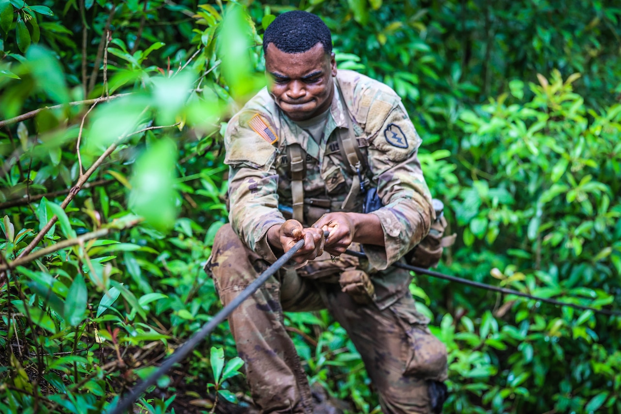 A soldier hangs onto a wire in an area of dense foliage.