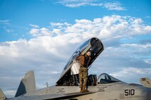 A U.S. Navy maintainer prepares an EA-18G Growler.