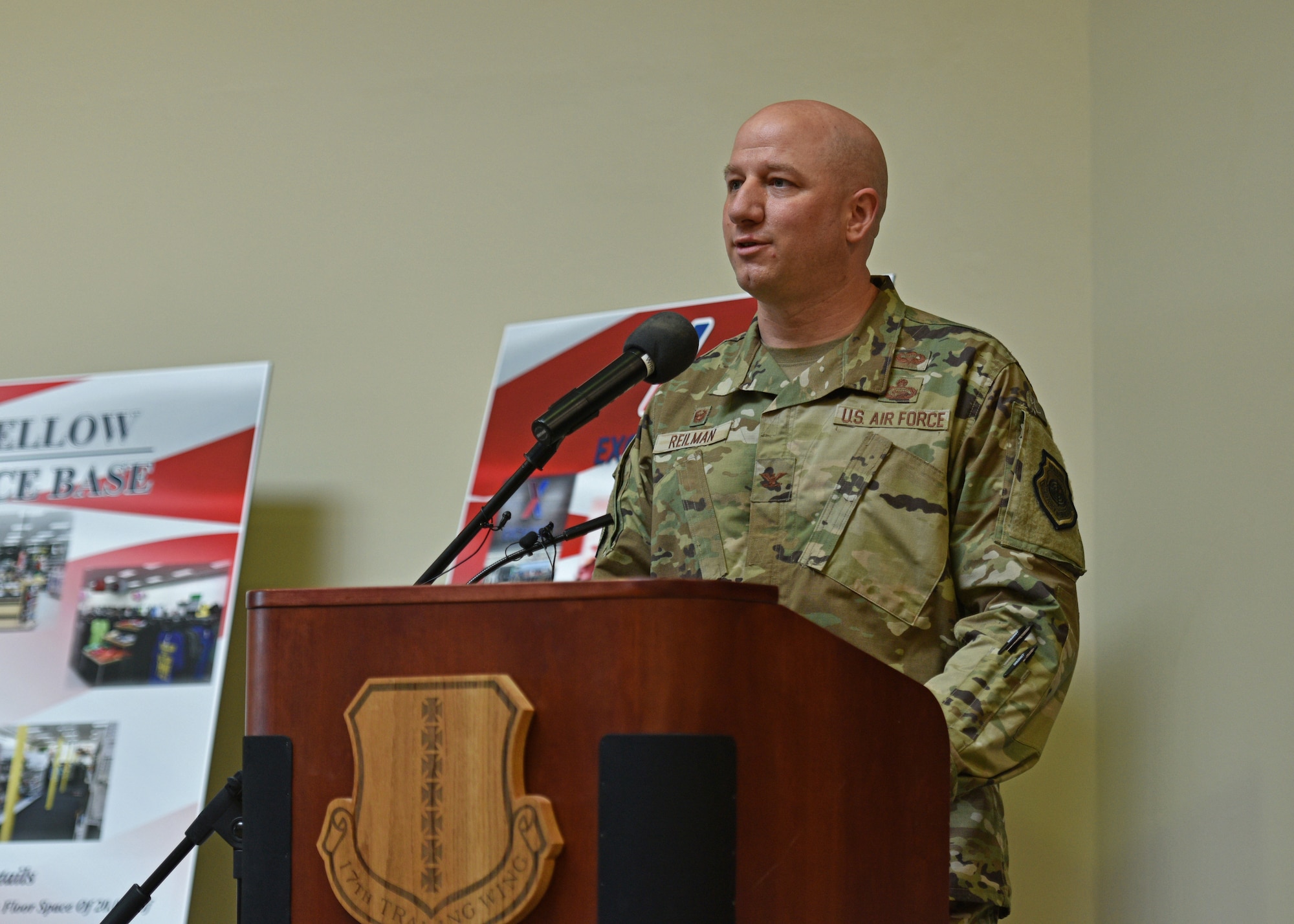 U.S. Air Force Col. Matthew Reilman, 17th Training Wing commander, speaks at the grand opening of the Goodfellow Air Force Base Exchange on Goodfellow AFB, Texas, Aug. 5, 2021. Goodfellow leadership, Exchange officials and community members gathered to celebrate the ribbon cutting and opening of the Exchange. (U.S. Air Force photo by Senior Airman Ashley Thrash)
