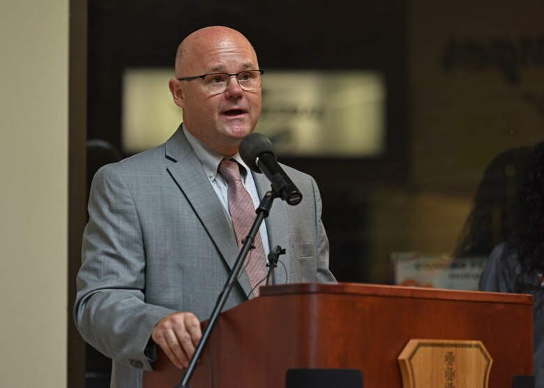 Exchange Chief Operating Officer, Jason Rosenberg, speaks at the grand opening of the Goodfellow Air Force Base Exchange on Goodfellow AFB, Texas, Aug. 5, 2021. The new 36,000 square-foot shopping center renovation project lasted nearly two years. (U.S. Air Force photo by Senior Airman Ashley Thrash)
