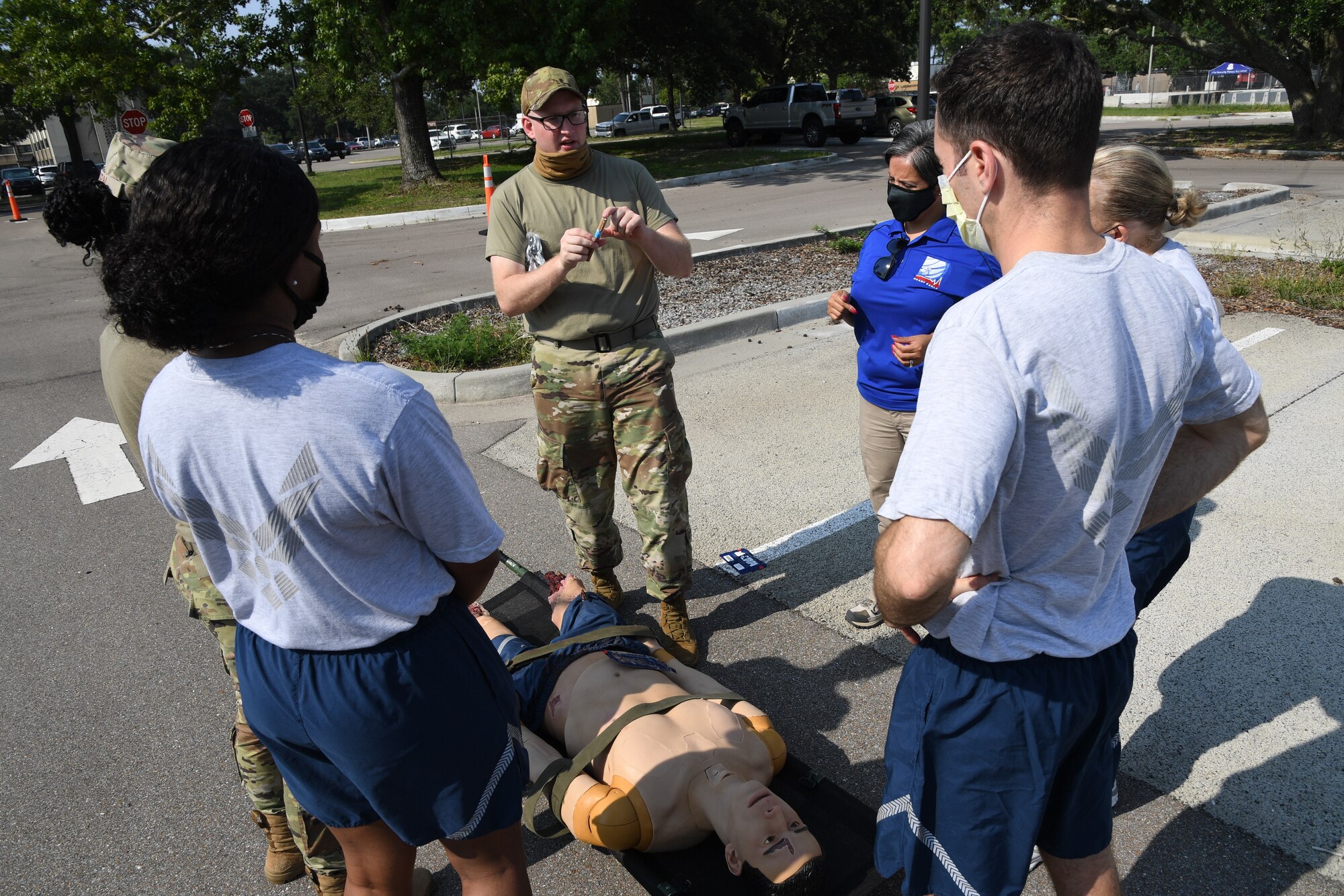 U.S. Air Force Staff Sgt. Timothy Parde, 81st Medical Support Squadron emergency medical services site coordinator, reviews triage procedures during a Tactical Combat Casualty Care Rodeo at Keesler Air Force Base, Mississippi, August 5, 2021. The rodeo, a Ready Eagle Training component, provides practical hands-on critical medical trauma skills training for 81st Medical Group personnel. (U.S. Air Force photo by Kemberly Groue)