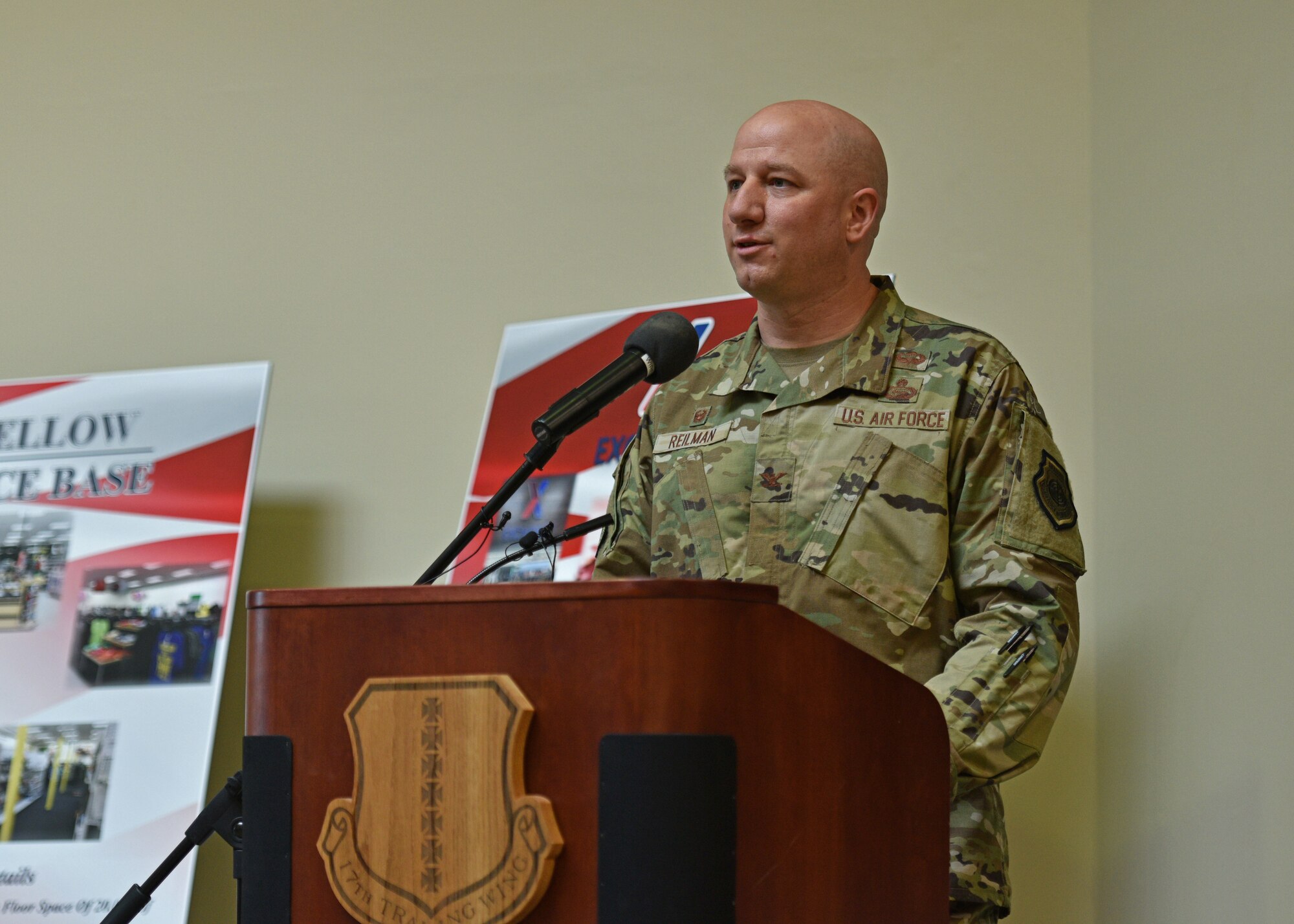U.S. Air Force Col. Matthew Reilman, 17th Training Wing commander, speaks at the grand opening of the Goodfellow Air Force Base Exchange on Goodfellow AFB, Texas, Aug. 5, 2021. Goodfellow leadership, Exchange officials and community members gathered to celebrate the ribbon cutting and opening of the Exchange. (U.S. Air Force photo by Senior Airman Ashley Thrash)