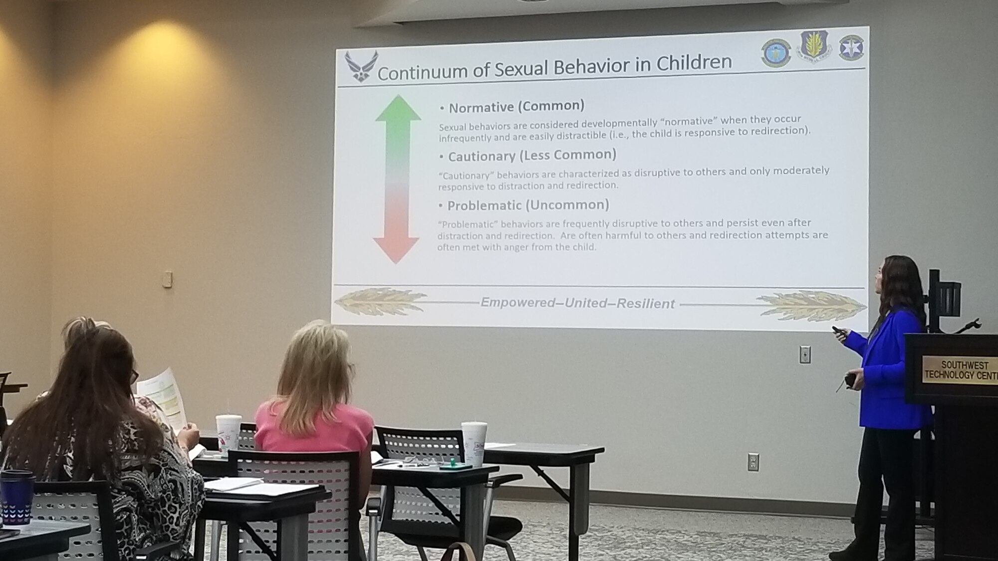 Educators listen to the uncommon and common continuum of problematic sexual behavior in children at a training shared by Sunnye Cope, a 97th Operational Medical Readiness Squadron family advocacy intervention specialist at Southwest Technology Center in Altus, Oklahoma on July 26, 2021. Cope’s main focus at Altus Air Force Base is the Family Advocacy Program which also provides support services in domestic abuse, child abuse and neglect cases. (Courtesy photo by Judy Mott)