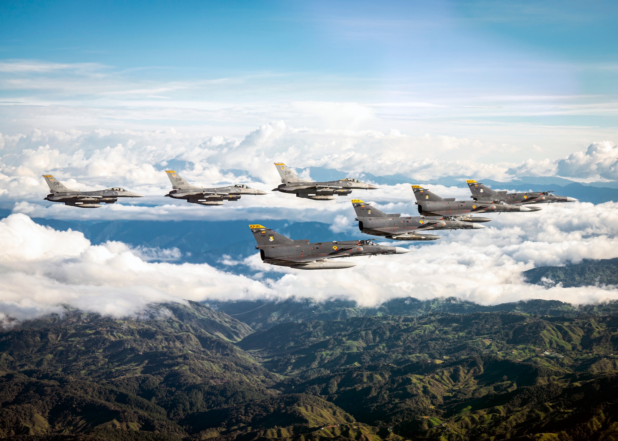 F-16s and Kfirs fly in formation over Colombia