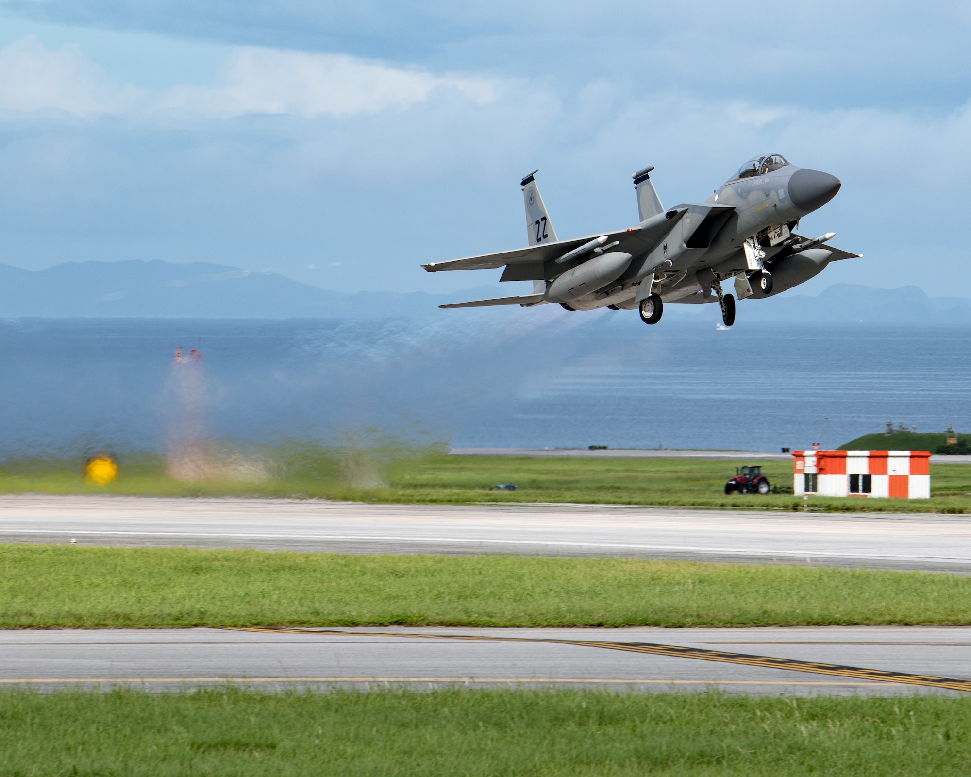U.S. Air Force F-15C Eagles assigned the 44th Fighter Squadron taxi at Kadena Air Base, Japan, before departing in support of Red Flag-Alaska, July 29, 2021.