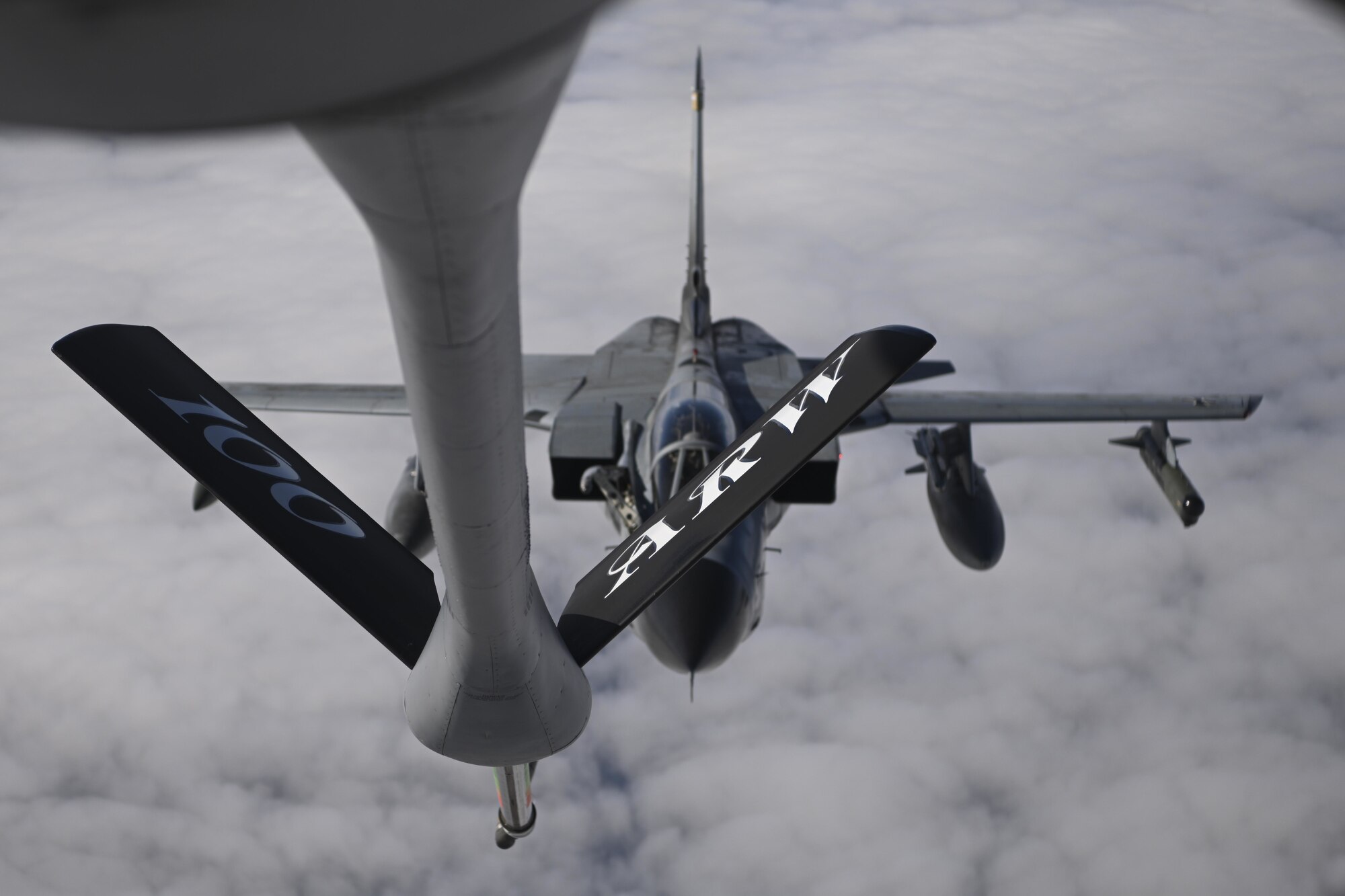 A German air force Tornado aircraft approaches a U.S. Air Force KC-135 Stratotanker aircraft assigned to the 100th Air Refueling Wing, Royal Air Force Mildenhall, England, to receive fuel over Germany Aug. 2, 2021. The 100th ARW is the only permanent air refueling wing in Europe and Africa. (U.S. Air Force photo by Senior Airman Joseph Barron)