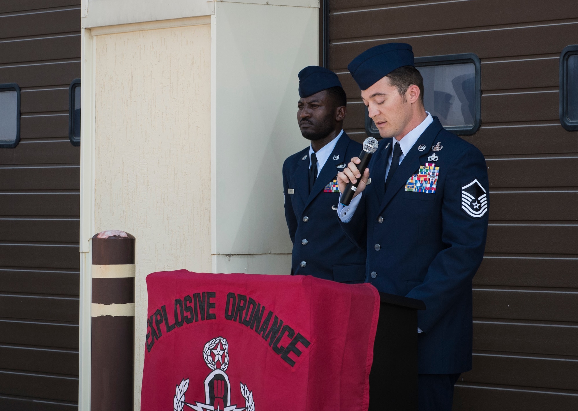 Air Force master sergeant delivers remarks during ceremony.