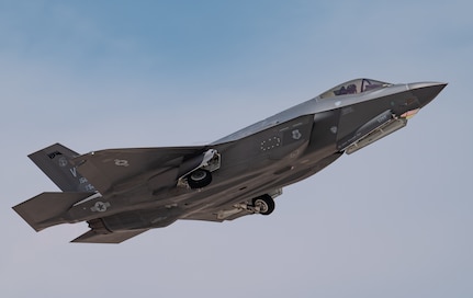 An F-35A Lightning II fighter jet, assigned to the 134th Fighter Squadron, Vermont Air National Guard, takes-off for a Red Flag 21-3 mission at Nellis Air Force Base, Nevada.