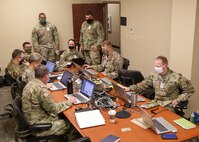 JOINT BASE LANGLEY-EUSTIS, Va. (Aug. 4, 2021) Observer, controller/trainers with United States First Army conduct a meeting to discuss training priorities at Joint Task Force Civil Support (JTF-CS) during exercise Vibrant Response 21.2.