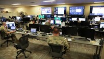 JOINT BASE LANGLEY-EUSTIS, Va. (Aug. 4, 2021) Joint Task Force Civil Support (JTF-CS) personnel conduct a mission brief for Title 10 forces assigned to notional hurricane response operations during exercise Vibrant Response 21.2.
