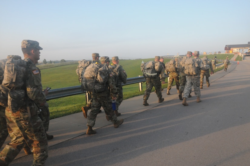 Kentucky National Guard soldiers start their ruck march as part of their support of suicide awareness on Boone National Guard Center in Frankfort Ky., Sept. 20, 2017.