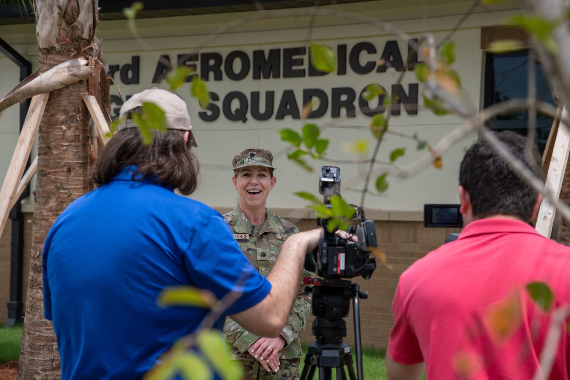 Lt. Col. Lauren DeFrates, 403rd Aeromedical Staging Squadron deputy commander, speaks to local media after a ribbon-cutting ceremony for her unit’s new building at Keesler Air Force Base, Miss., Aug. 6, 2021. DeFrates said this is a great time in the squadron’s history as it is the first time the entire unit will be able to function in one building. (U.S. Air Force by Staff Sgt. Kristen Pittman)