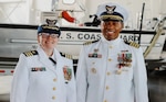 Cmdr. Stacey Crecy relieves Capt. Lushan Hannah as the commanding officer of the U.S. Coast Guard Pacific Strike Team during a change of command ceremony in Novato, California, July 28, 2021. The Pacific Strike Team is recognized worldwide as an expert authority in the preparation for and response to the effects resulting from oil discharges, hazardous substance releases, weapons of mass destruction events and other emergencies on behalf of the American public. (U.S. Coast Guard courtesy photo)