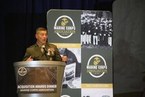 Marine Corps Systems Command’s Brig. Gen. A. J. Pasagian provided opening remarks during the third annual Marine Corps Acquisition Awards Dinner Aug. 5 in Arlington, Virginia. The event, hosted by the Marine Corps Association, celebrated the accomplishments and achievements of the top performers in Marine Corps acquisitions. Honorees Col. Kirk Mullins, Master Gunnery Sgt. Alfredo Franco, and Deborah Olsen received the Andrew J. Higgins, Eugene M. Stoner and Donald Roebling Awards for Acquisition Innovation and Excellence. The Higgins, Stoner and Roebling Awards are honors bestowed annually to a Marine Corps officer, noncommissioned officer and civilian acquisition professional, respectively.  (U.S. Marine Corps photo by Morgan Blackstock)