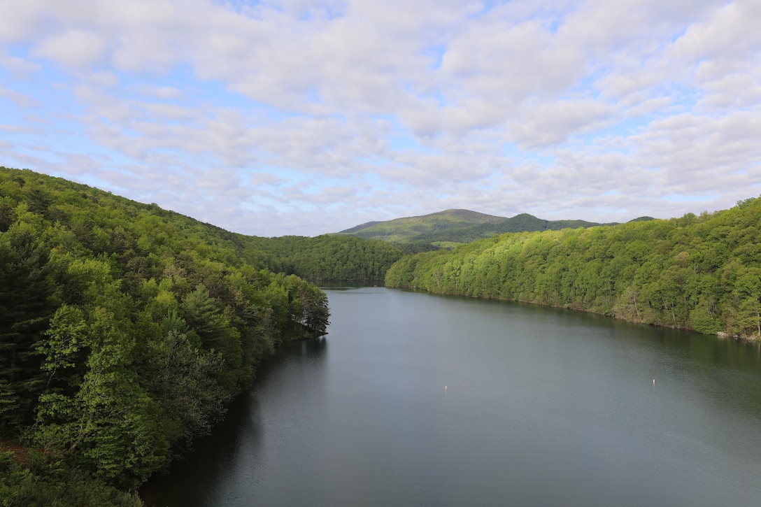 Gathright Dam overlooking upstream at Lake Moomaw. Gathright Dam located in Alleghany County, Va., impounds the water flowing down the Jackson River to create the 2,500 acre Lake Moomaw. The dam has prevented numerous floods over its 30 plus year existence saving countless dollars and lives. (U.S. Army photo/Breeana Harris)