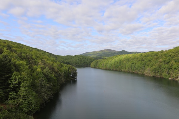 Gathright Dam overlooking upstream at Lake Moomaw. Gathright Dam located in Alleghany County, Va., impounds the water flowing down the Jackson River to create the 2,500 acre Lake Moomaw. The dam has prevented numerous floods over its 30 plus year existence saving countless dollars and lives. (U.S. Army photo/Breeana Harris)