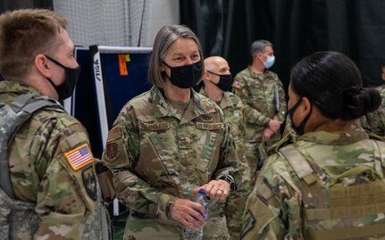 U.S. Air Force Maj. Gen. Sherrie L. McCandless, commanding general, District of Columbia National Guard, speaks with personnel serving in the U.S. Capitol, in Washington, D.C., May 11, 2021. The National Guard has been requested to continue supporting federal law enforcement agencies with security, communications, medical evacuation, logistics and safety support to state, district and federal agencies through mid-May. (U.S. Army National Guard photo by Staff Sgt. Andrew Enriquez)