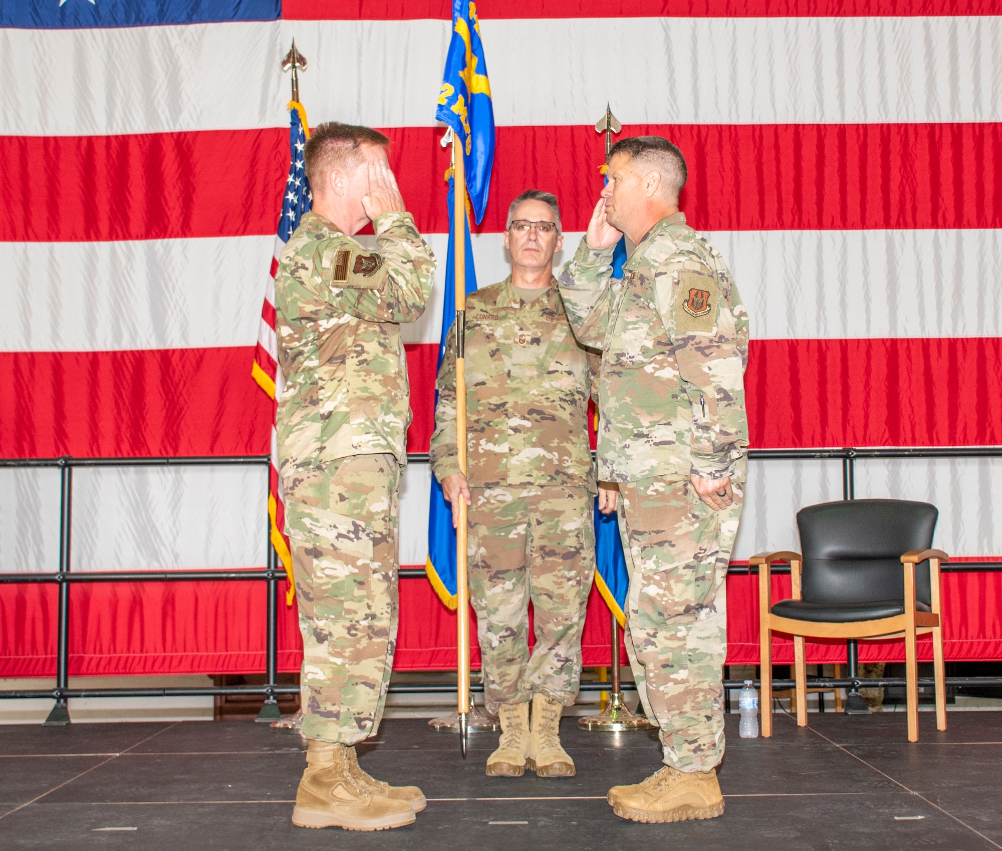 U.S. Air Force Lt. Col. William McLeod renders his first salute to Brig. Gen. Michael Schultz, 442d Fighter Wing Commander, after assuming command of the 442d Maintenance Group on Aug. 7, 2021 at Whiteman Air Force Base, Mo. (U.S. Air Force photo by Maj. Shelley Ecklebe)
