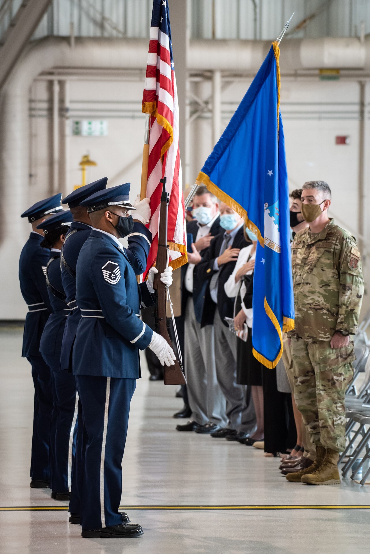 The 123rd Airlift Wing Honor Guard presents the colors during a ceremony to bestow a 19th Air Force Outstanding Unit Award on the wing at the Kentucky Air National Guard Base in Louisville, Ky., Aug. 7, 2021. The award, which is given to the top 10 percent of all units, recognizes the wing’s outstanding achievement across a full spectrum of operations, from homeland disaster response to the war effort overseas, between October 2017 and September 2019. No other airlift unit in the United States Air Force — active duty, Guard or Reserve — has earned 19 AFOUAs. (U.S. Air National Guard photo by Dale Greer)