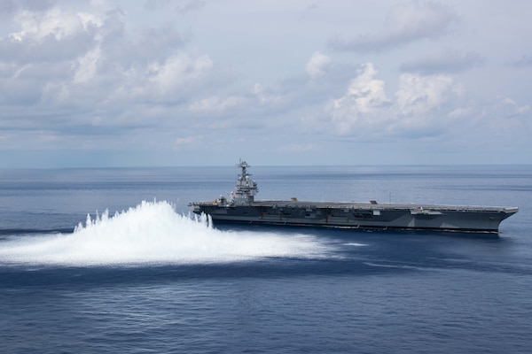 The aircraft carrier USS Gerald R. Ford (CVN 78) successfully completes the third and final scheduled explosive event for Full Ship Shock Trials while underway in the Atlantic Ocean, Aug. 8, 2021.