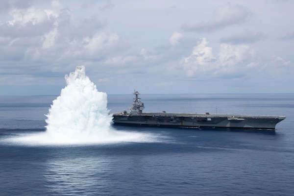 The aircraft carrier USS Gerald R. Ford (CVN 78) successfully completes the third and final scheduled explosive event for Full Ship Shock Trials while underway in the Atlantic Ocean, Aug. 8, 2021.